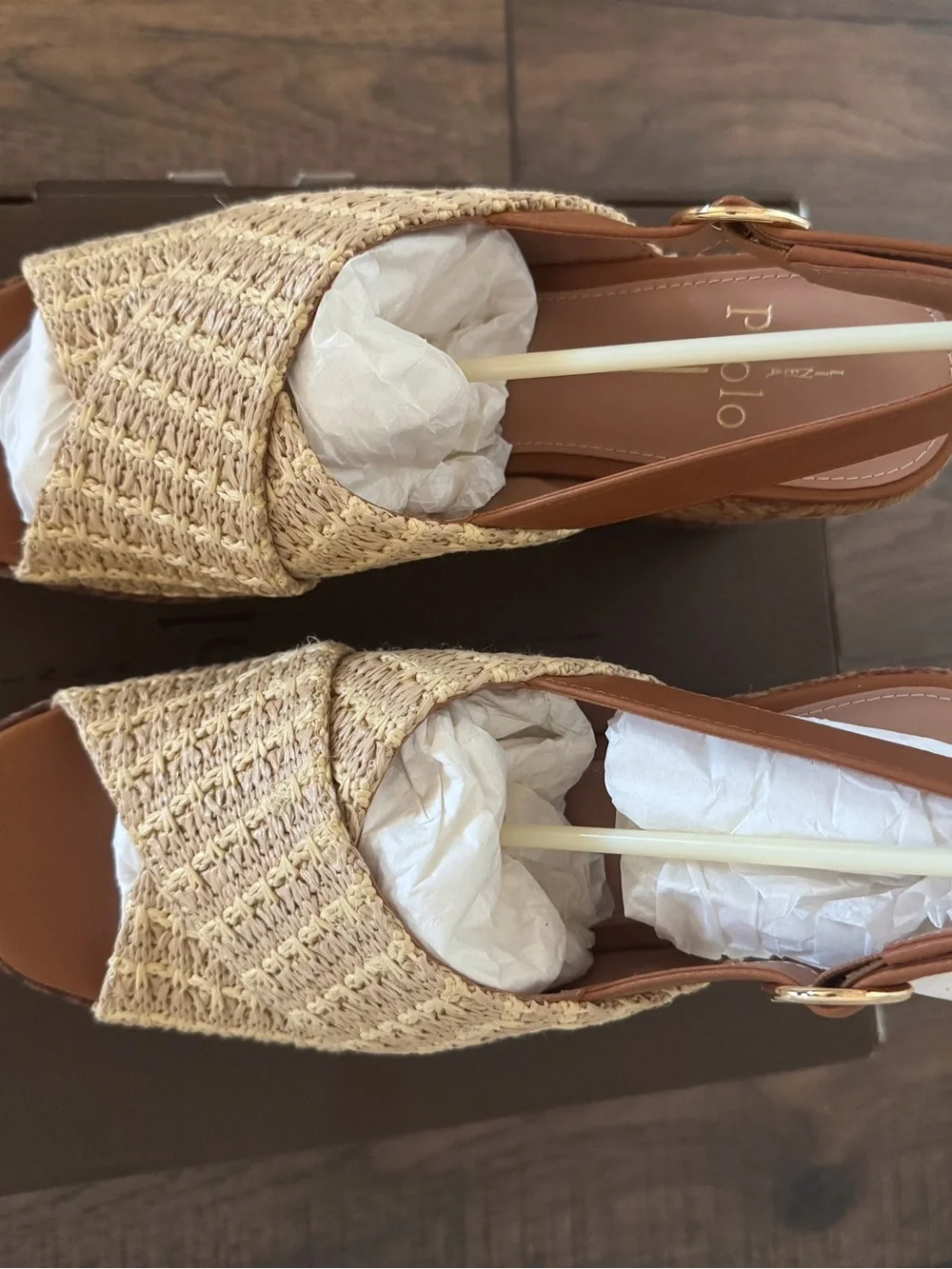 Linea Paolo Tan Woven Straw Platform Slingback Wedges